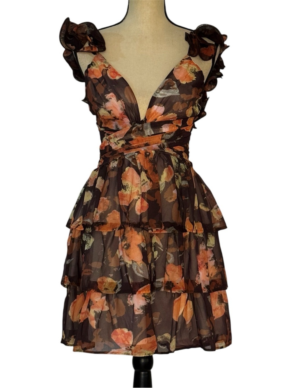 Terani Couture Ruffle Shoulder Floral Print Chiffon Lace Up Back Babydoll Dress